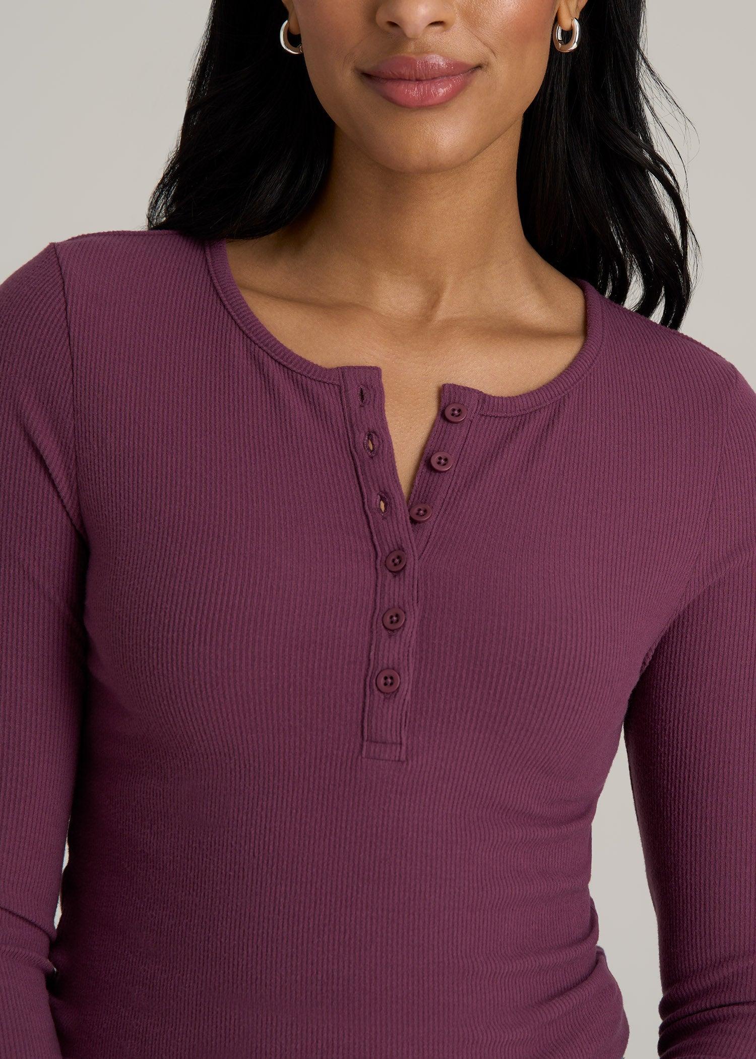 Long Sleeve Ribbed Crewneck Women's Tall Henley Shirt in Purple Gumdrop Product Image