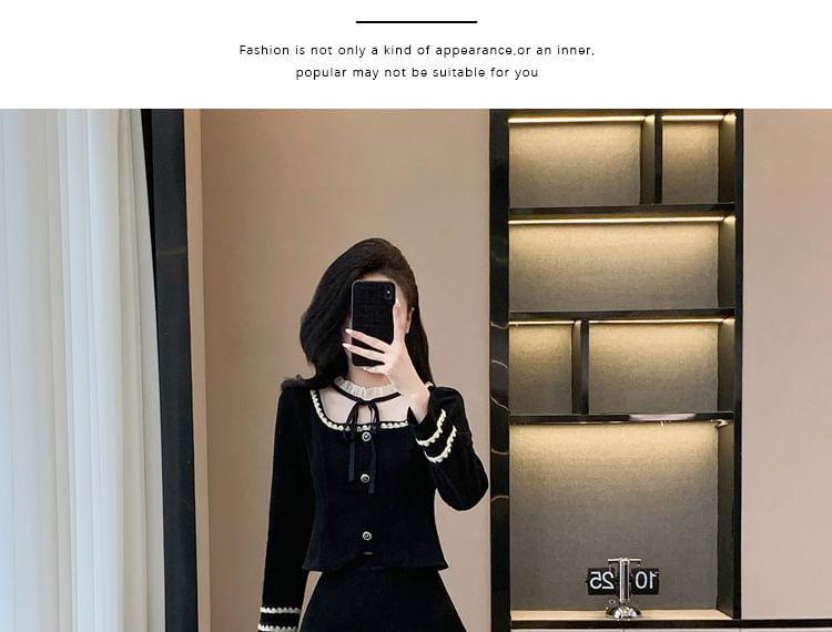 Set: Sheer Panel Button-Up Crop Jacket + Mini A-Line Skirt Product Image