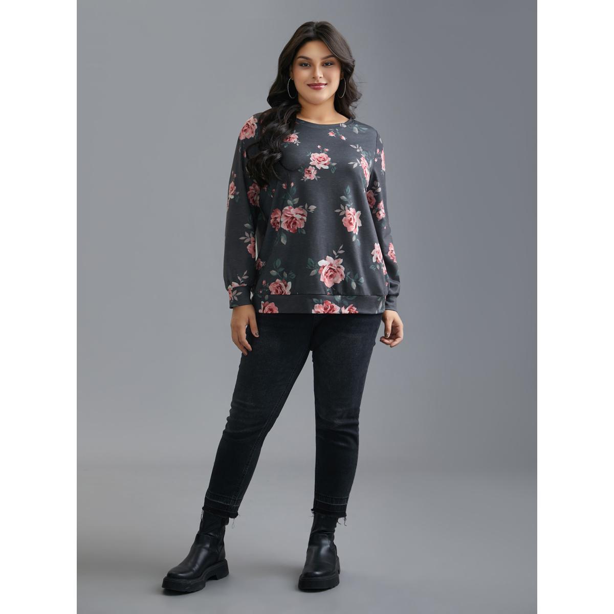 Plus Size Stretchy Floral Paint Sweatshirt Women BlackFlower Casual Contrast Round Neck Everyday Sweatshirts BloomChic 18-20/2X Product Image