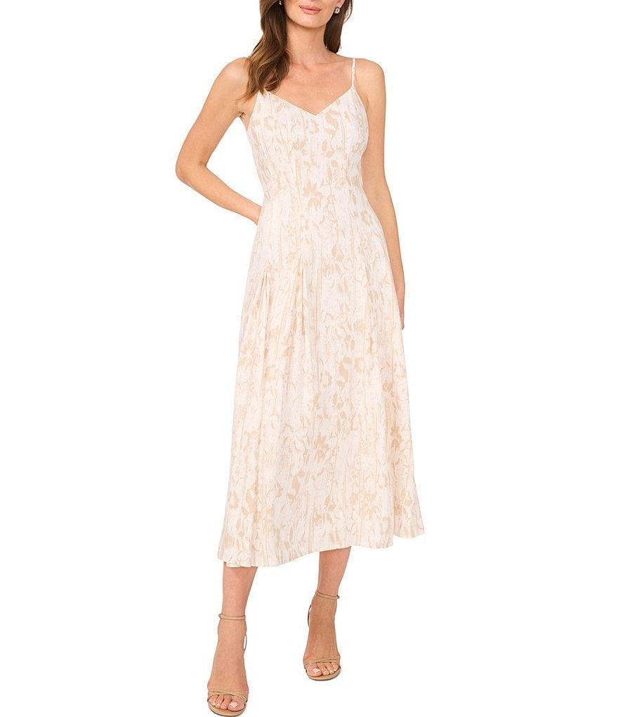 Vince Camuto Printed V-Neck Sleeveless A Line Midi Dress Product Image