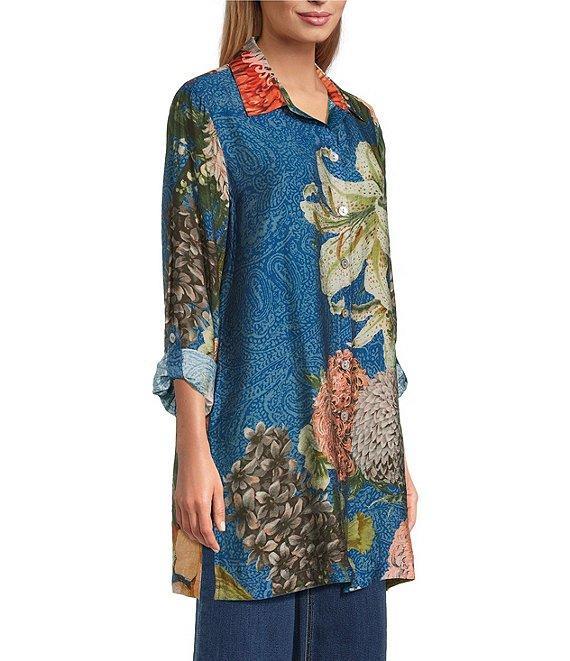 John Mark Large Multi Floral Print Point Collar Long Sleeve Roll Tab Button Up Tunic Product Image