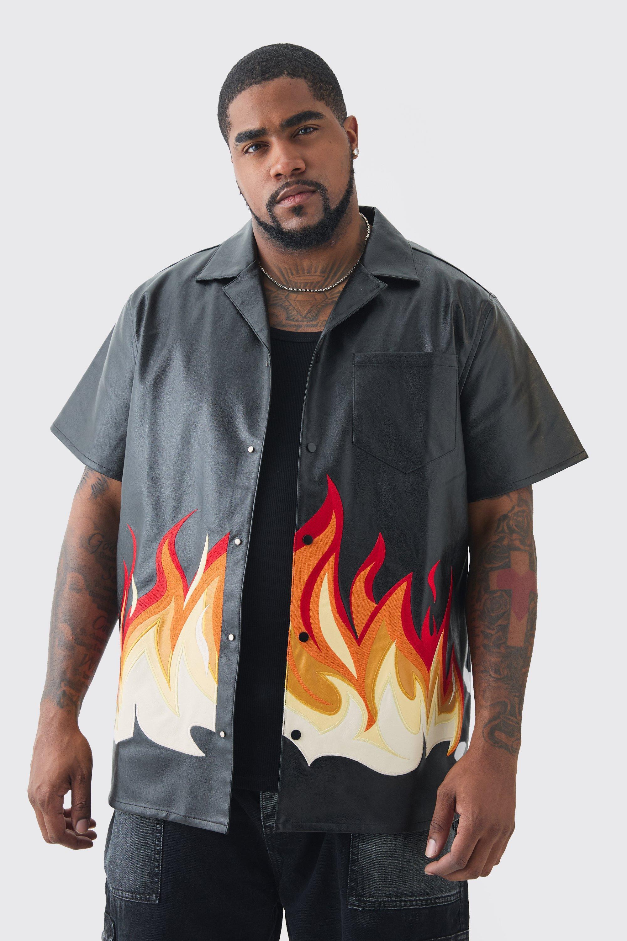 Plus PU Flame Print Shirt | boohooMAN USA Product Image