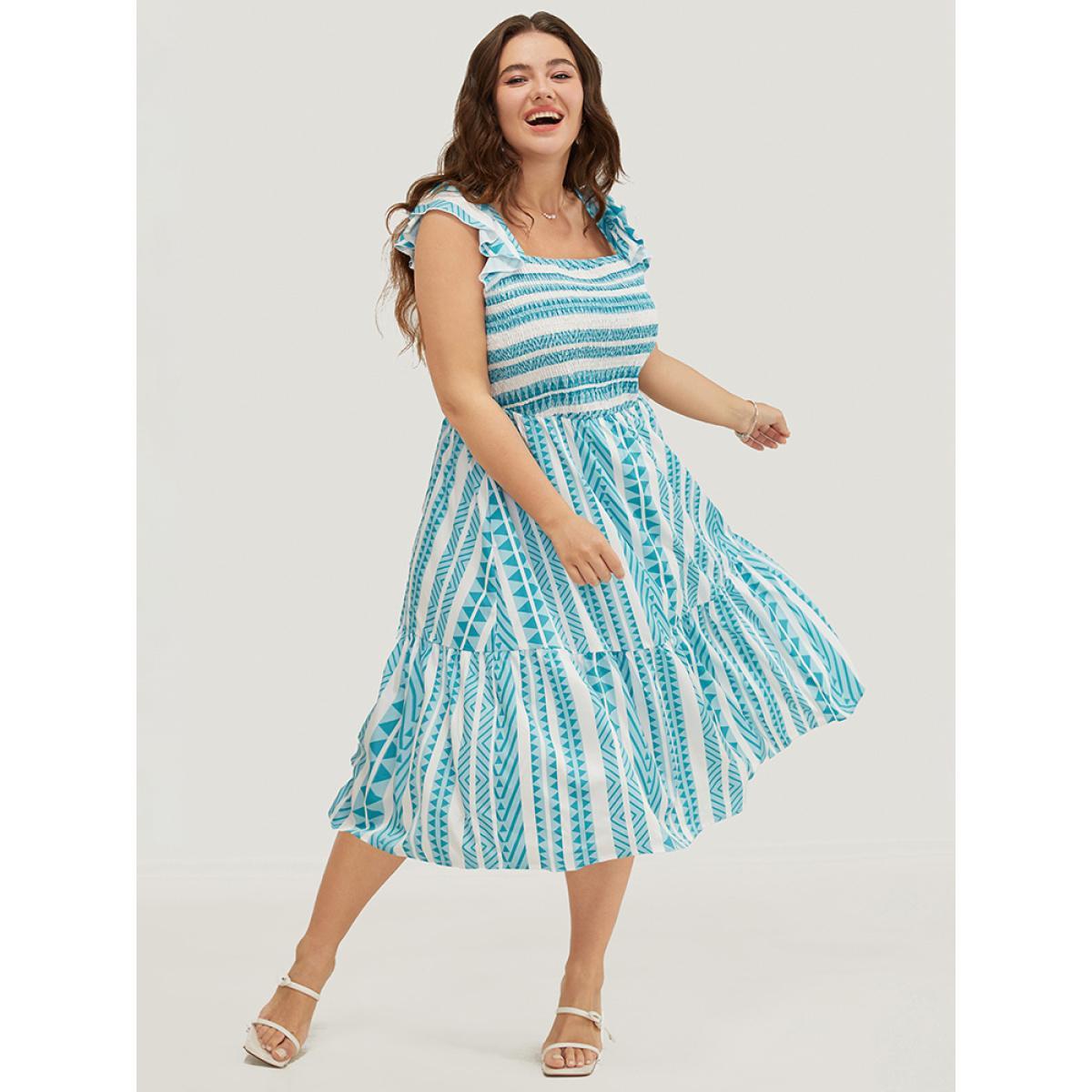 Plus Size Striped Contrast Square Neck Pocket Ruffles Shirred Cami Dress LightBlue Women Vacation Square Neck Cap Sleeve Curvy Midi Dress BloomChic 12/L Product Image