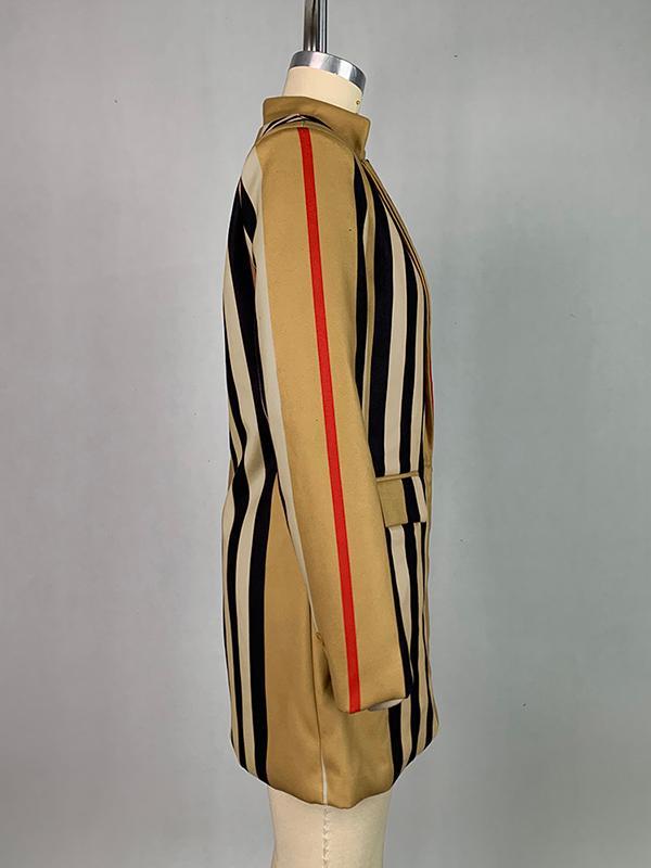 Long Sleeves Loose Buttoned Split-Joint Striped Stand Collar Woolen Coat Product Image