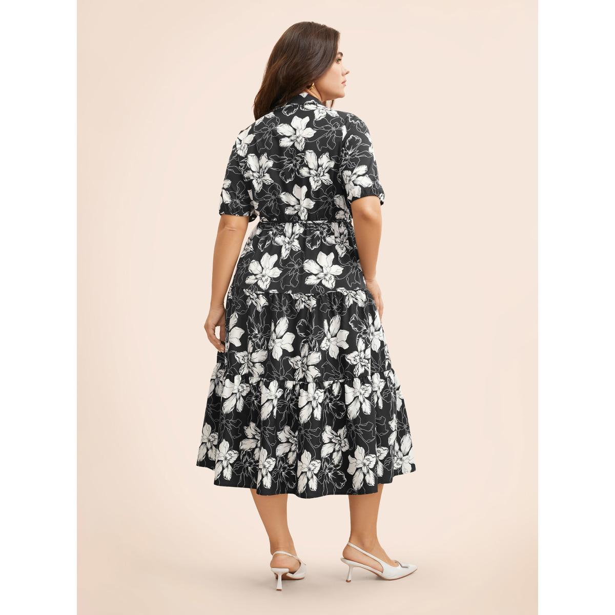 Plus Size Floral Shirt Collar Belted Midi Dress Black Women Elegant Belted Shirt collar Short sleeve Curvy BloomChic 26/4X Product Image