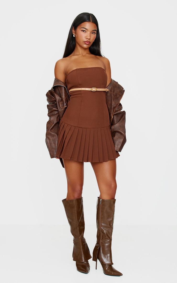 Chocolate Brown Belted Pleated Skirt Bodycon Dress Product Image