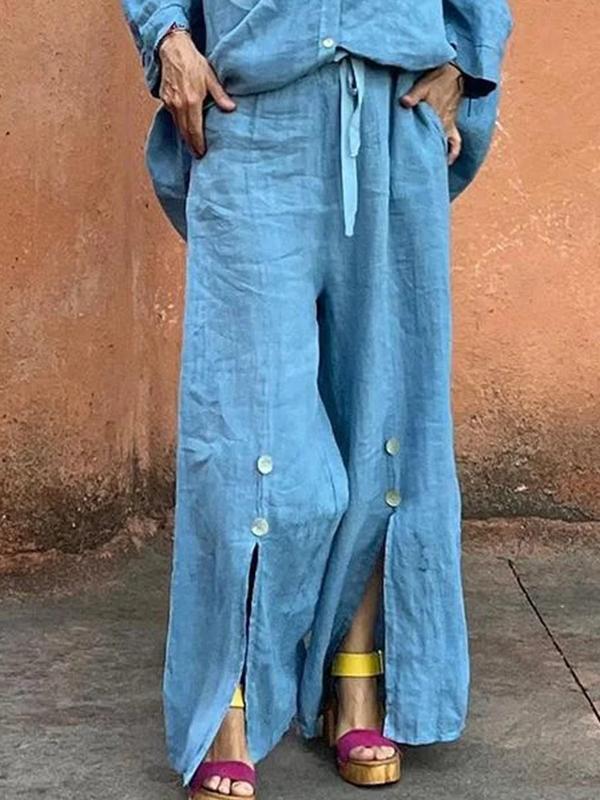 Loose Wide Leg Drawstring Solid Color Split-Front Split-Joint Pants Trousers Product Image