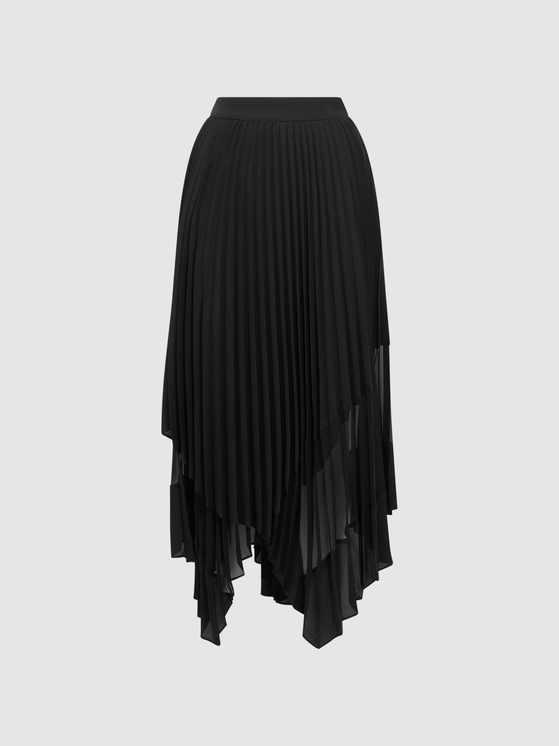 Pleated Layered Asymmetric Midi Skirt in Black Product Image