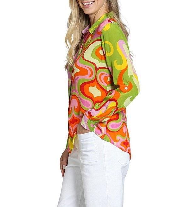 APNY Woven Printed Spread Collar Long Sleeve Button Front Top Product Image