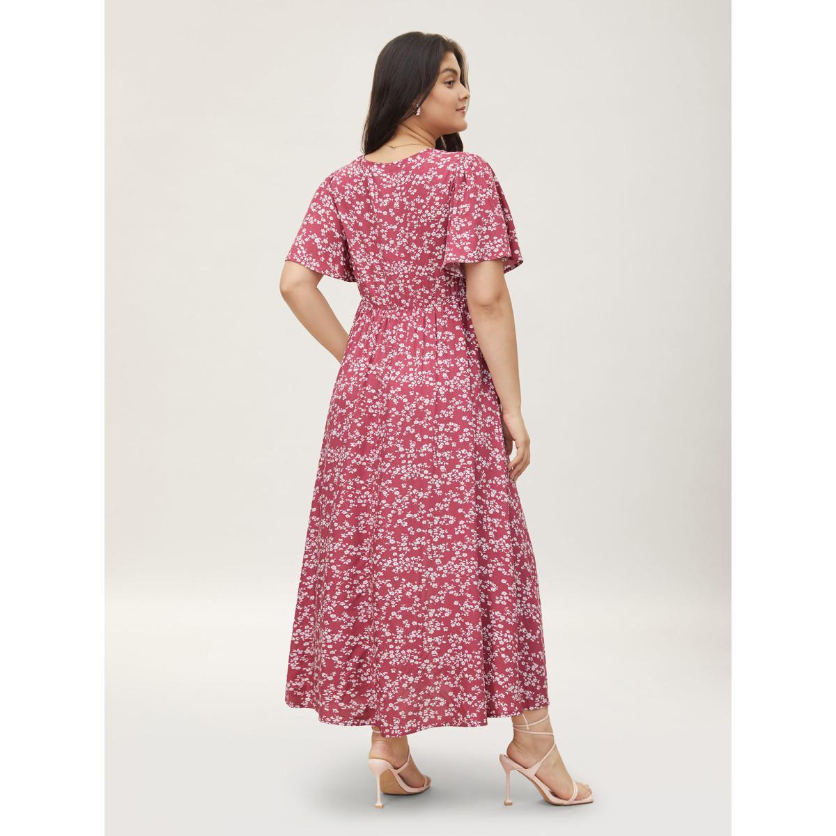 Plus Size Bloom Dress - Flutter Sleeve Ditsy Floral Pocket Split Maxi Dress LightGreen Women Romantic Slit V-neck Half Sleeve Curvy Long Dress BloomChic 10/M Product Image