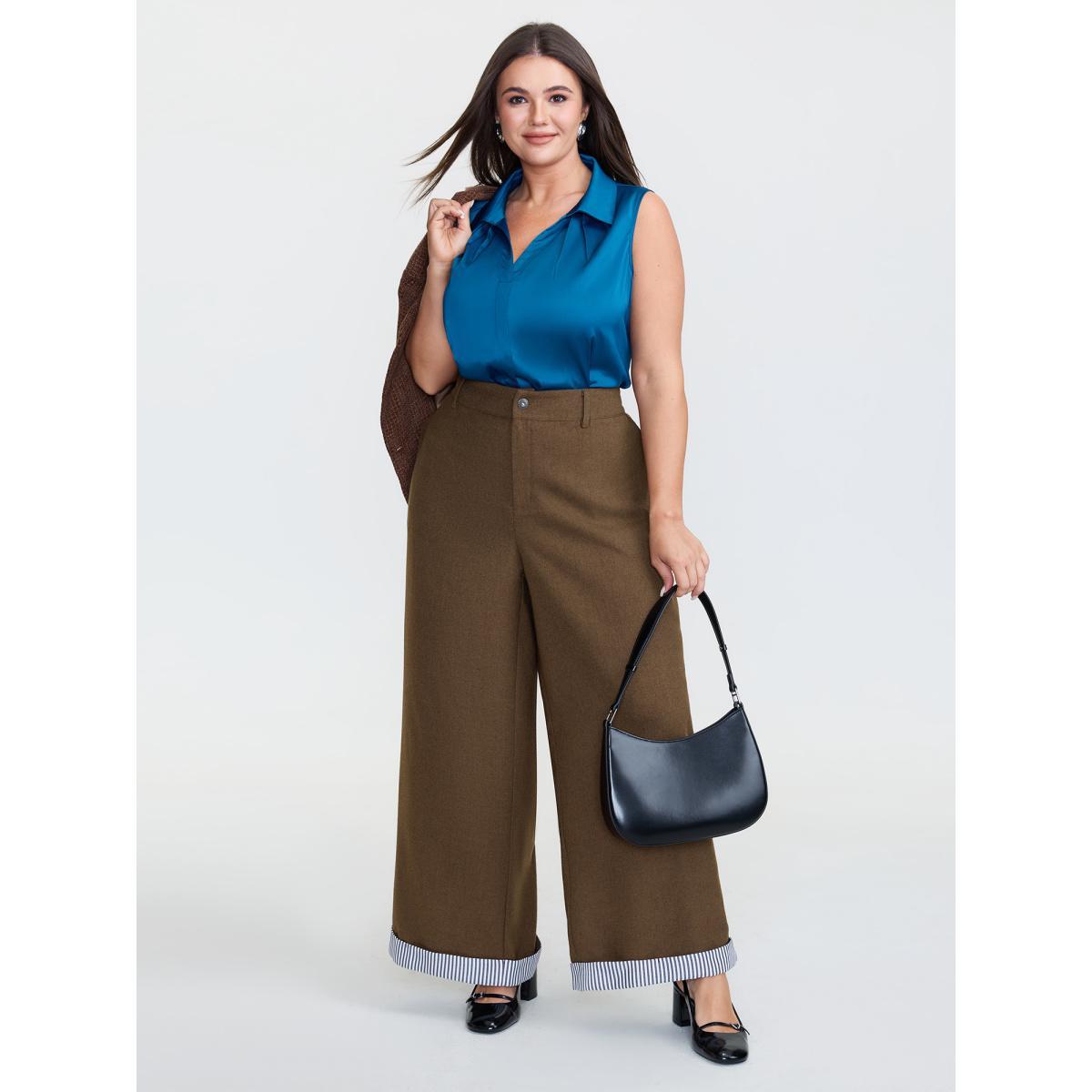 Plus Size Striped Color-Blocked Hem Pants Women Browncoffeecolor Office Straight Leg Mid Rise Office Pants BloomChic 26/4X Product Image