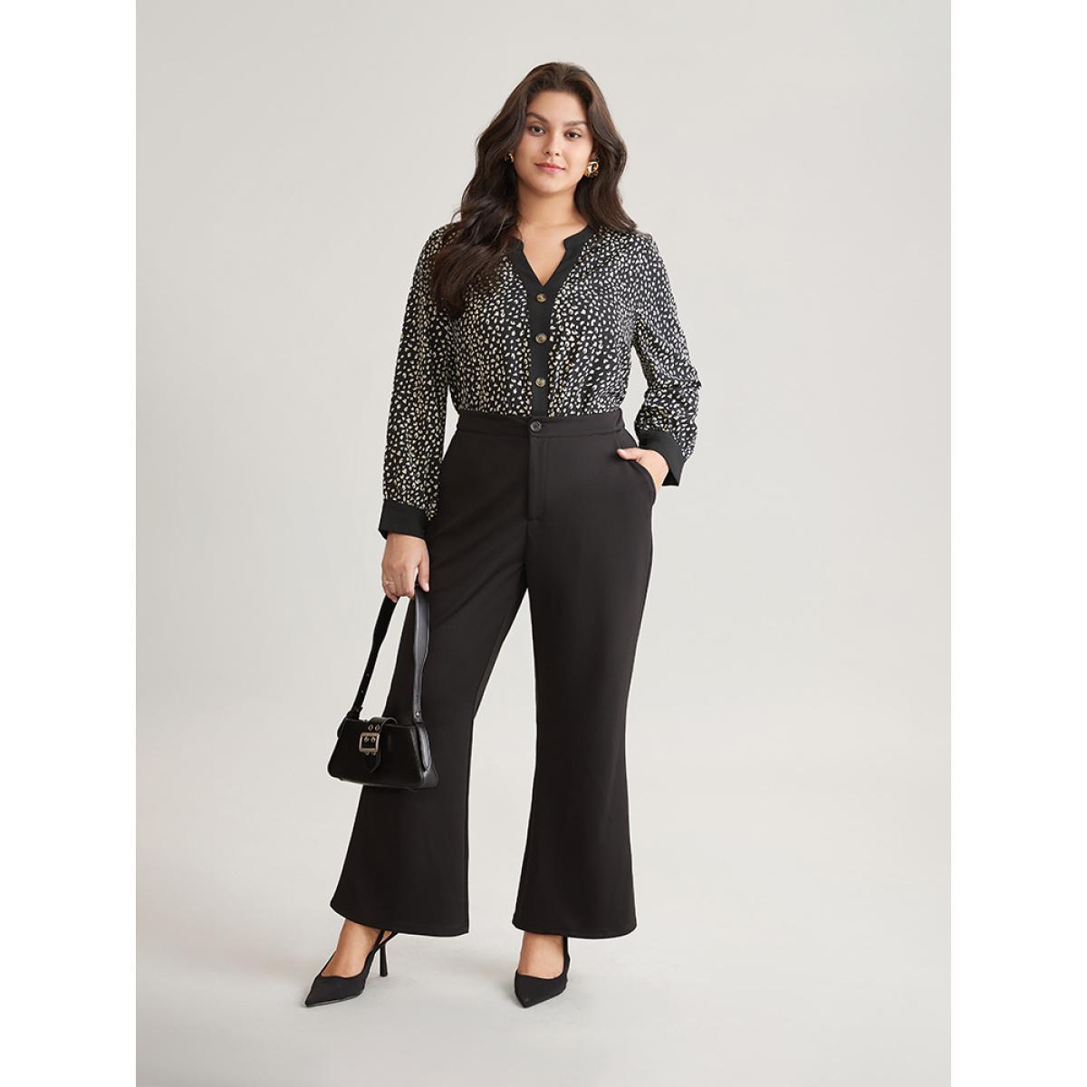 Plus Size Black Leopard Print Button Through Notched Blouse Women Office Long Sleeve V-neck Work Blouses BloomChic 18-20/2X Product Image