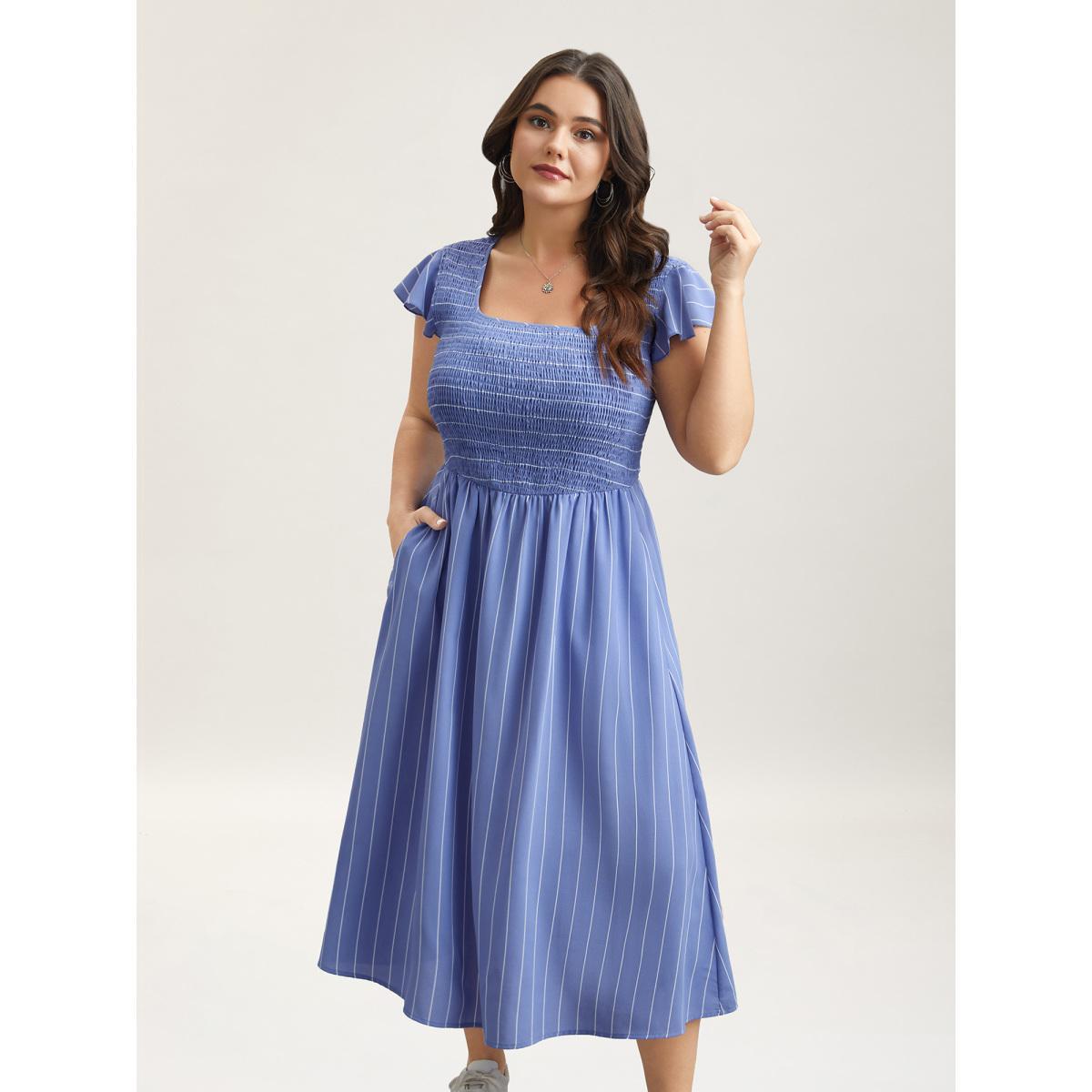 Plus Size Striped Shirred Flutter Sleeve Midi Dress Skyblue Women Leisure Shirred Square Neck Cap Sleeve Curvy BloomChic 12/L Product Image