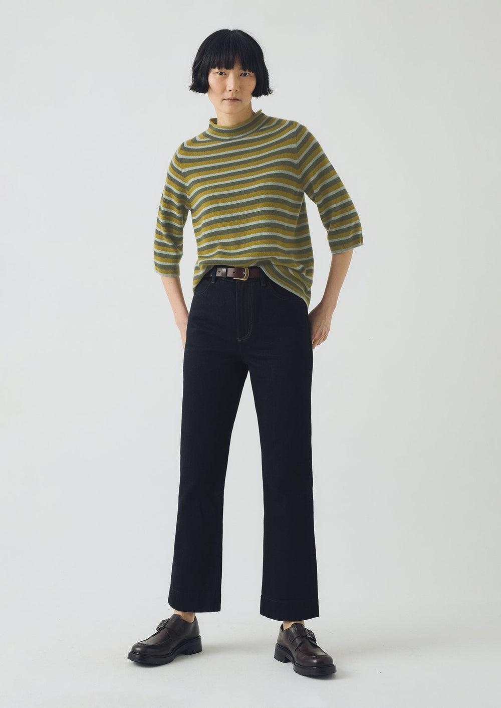 Stripe Wool Cashmere Half Sleeve Sweater | Green Multi Product Image