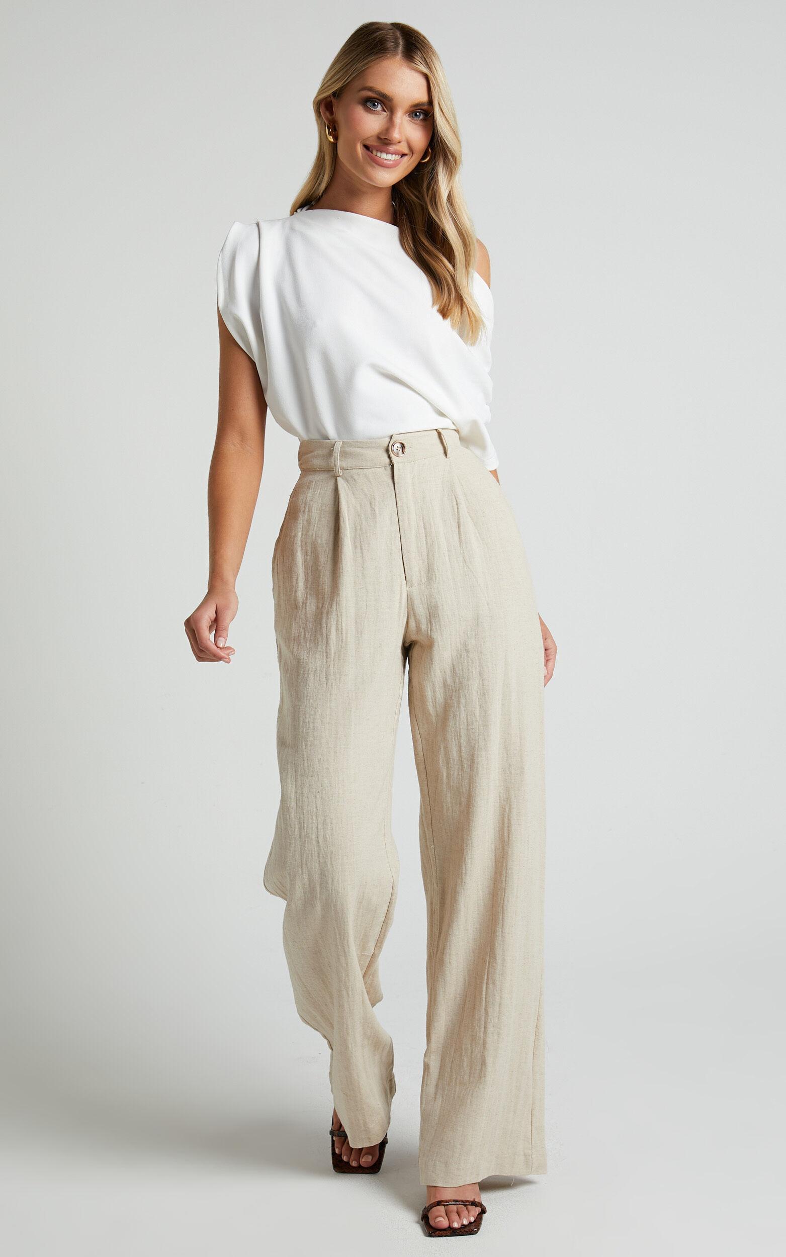 Larissa Trousers - Linen Mid Waisted Relaxed Straight Leg Trousers in Oatmeal Product Image