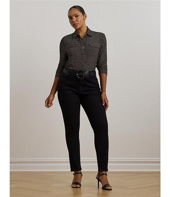 Lauren Ralph Lauren Plus Size Jersey Two-Tone Geometric Collared Long Sleeve Button Front Shirt Product Image