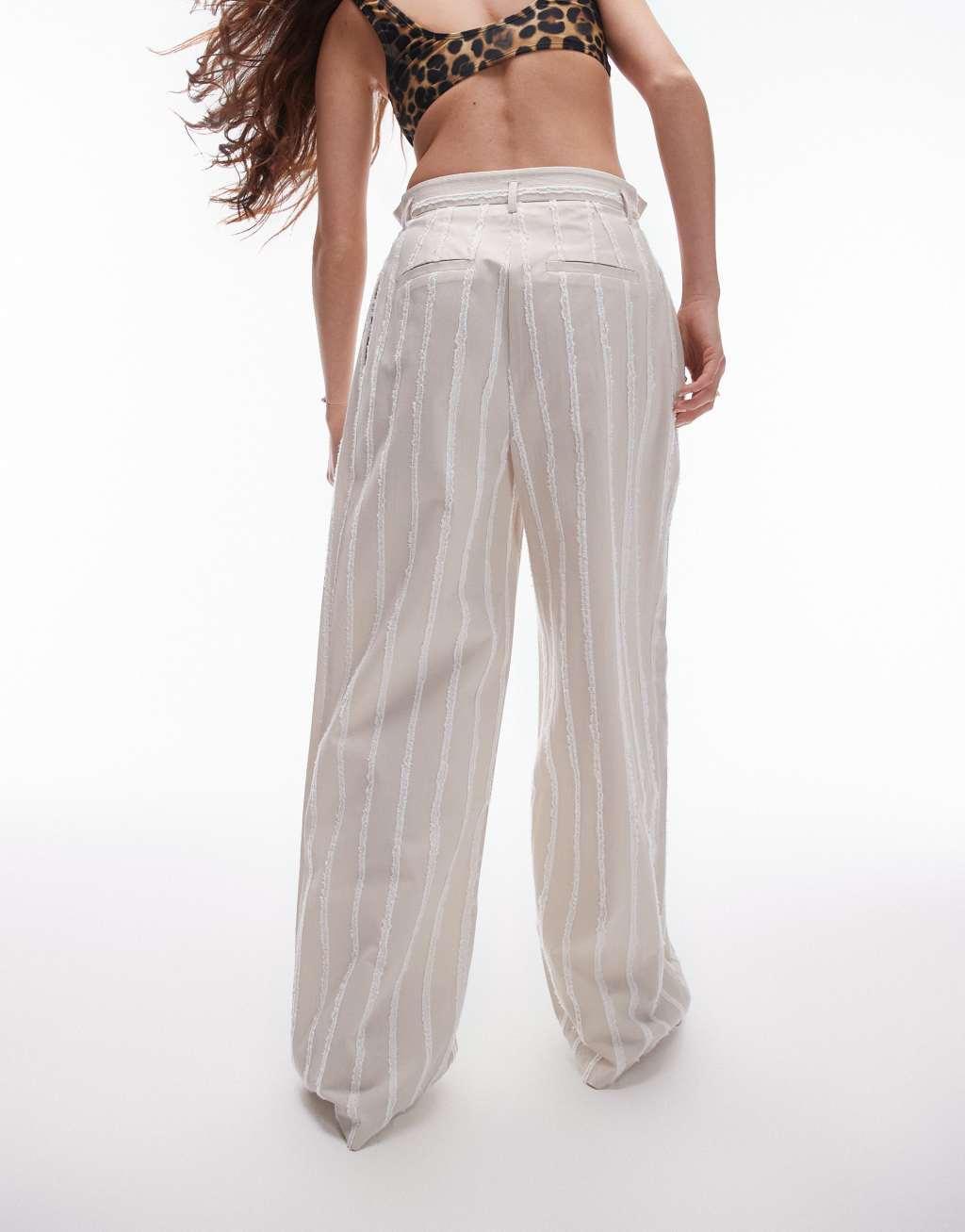 Topshop textured stripe detail wide leg pants in neutral - part of a set Product Image