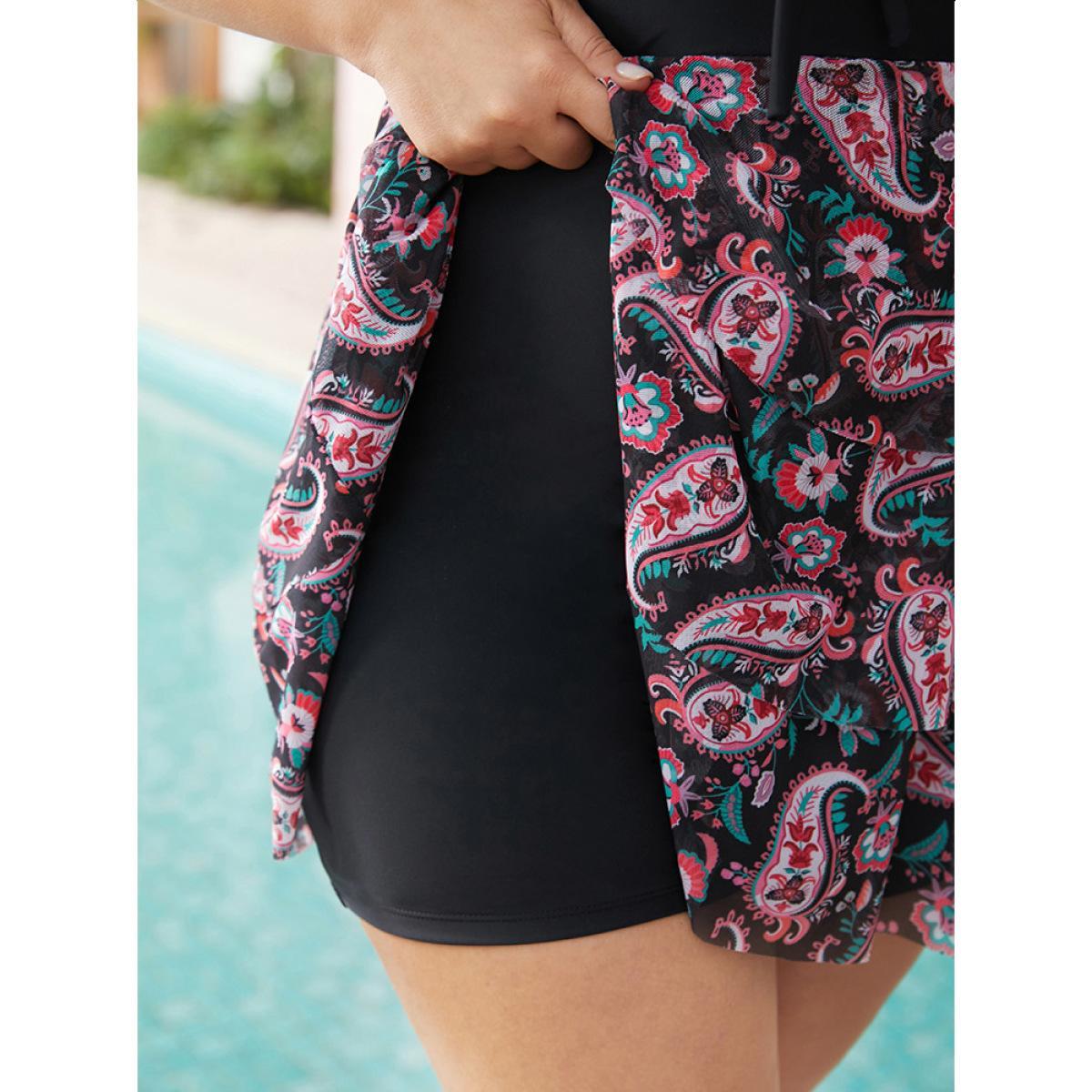 Plus Size Bandana Print Tiered Hem Ruched Knotted Cut Out Swim Dress Women's Swimwear BlackFlower Vacation Bodycon V-neck High stretch Curve Swim Dresses BloomChic 22-24/3X Product Image