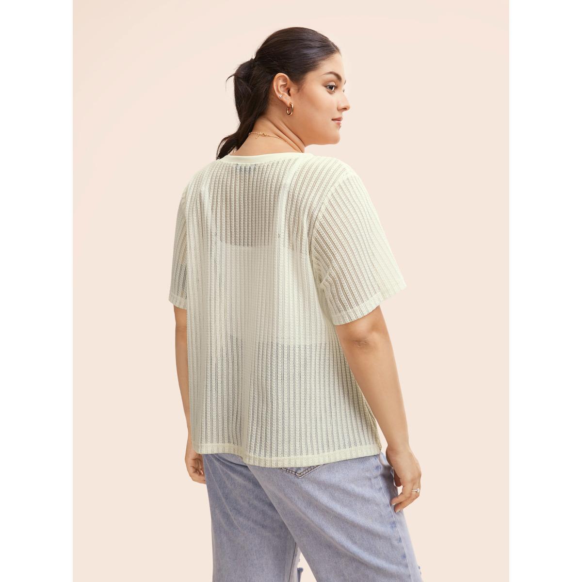 Plus Size Round Neck Pointelle Knit T-shirt Beige Women Casual Texture Round Neck Everyday T-shirts BloomChic 18-20/2X Product Image