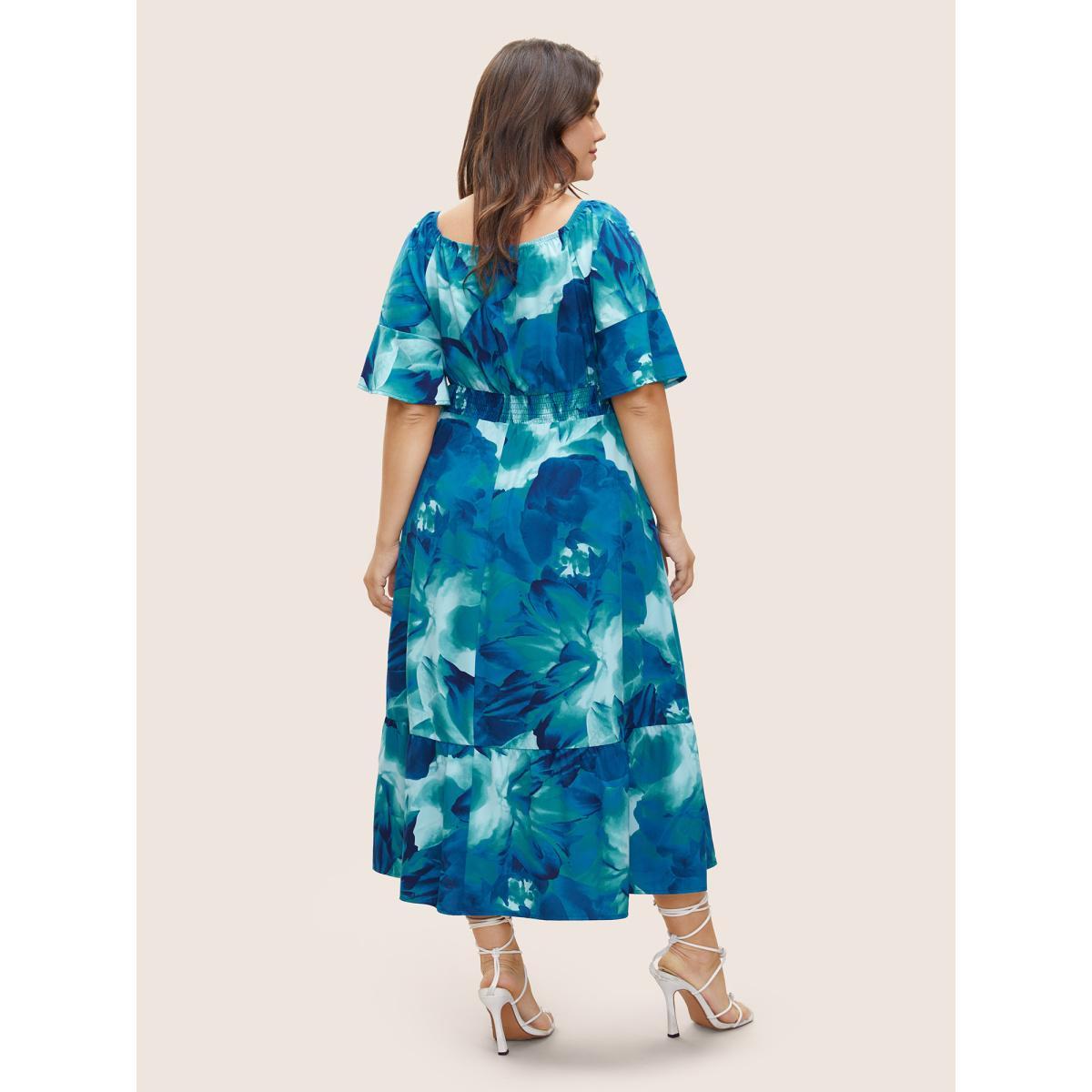 Plus Size Square Neck Floral Shirred Ruffle Sleeve Dress Blue Women Elegant Non Square Neck Short sleeve Curvy Midi Dress BloomChic 12/L Product Image