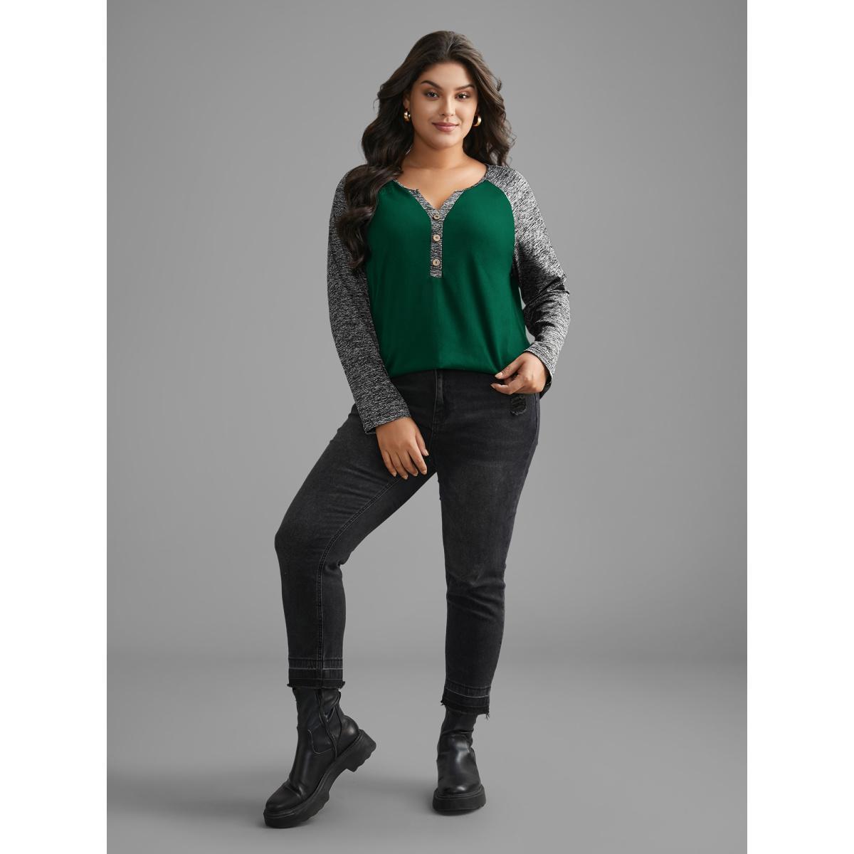 Plus Size Heather Patchwork Button Detail Stretchy T-Shirt DarkGreen Women Casual Contrast Flat collar with V-notch Everyday T-shirts BloomChic 14-16/1X Product Image