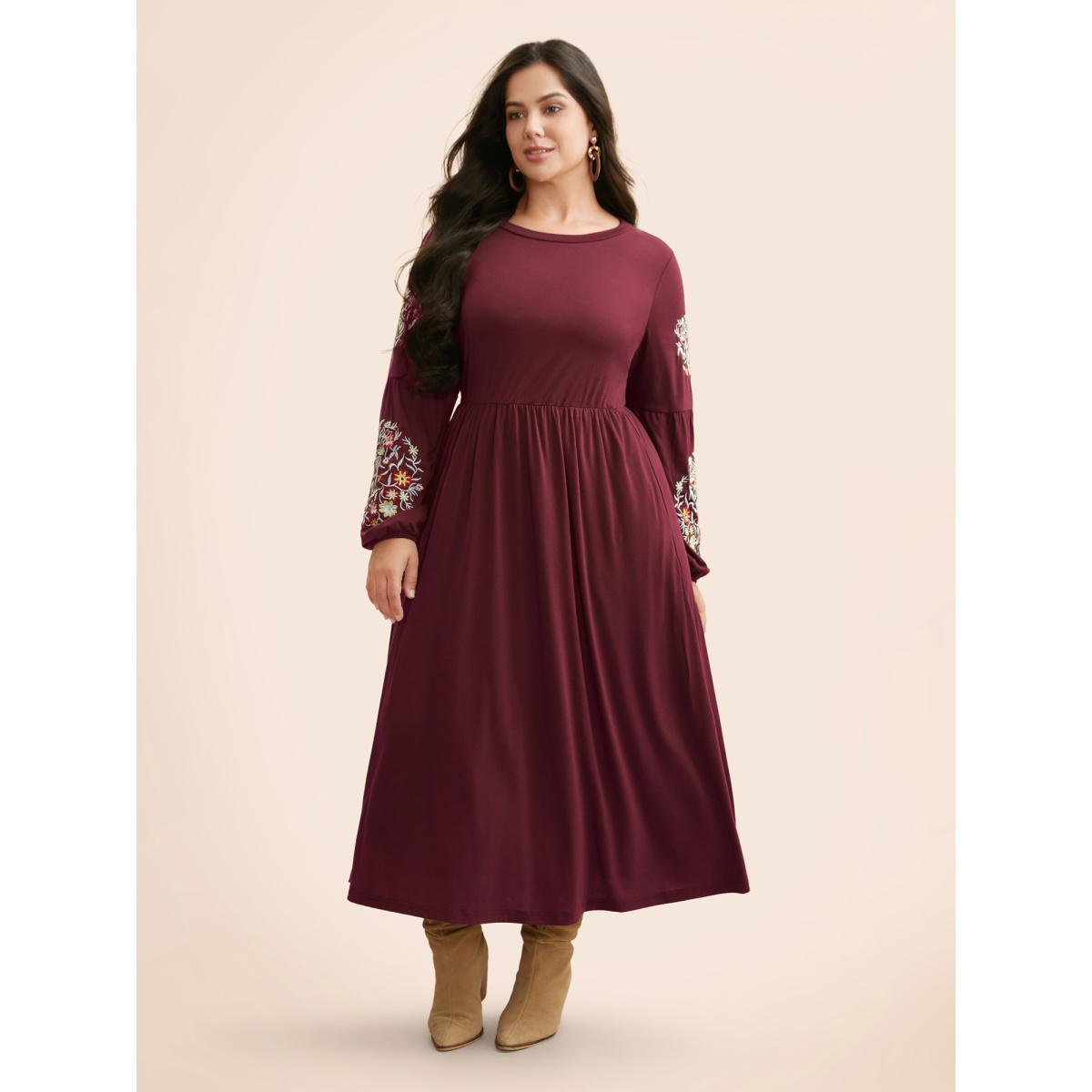 Plus Size Floral Embroidered Elastic Waist Gathered Dress Burgundy Women Casual Embroidered Round Neck Long Sleeve Curvy BloomChic 22-24/3X Product Image