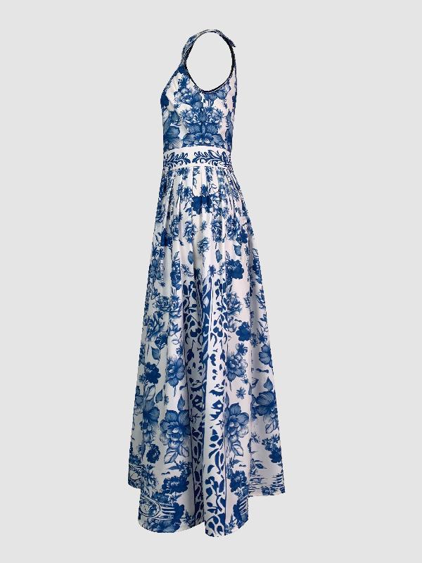 A-Line Loose Flower Print Split-Joint Lapel Maxi Dresses Product Image