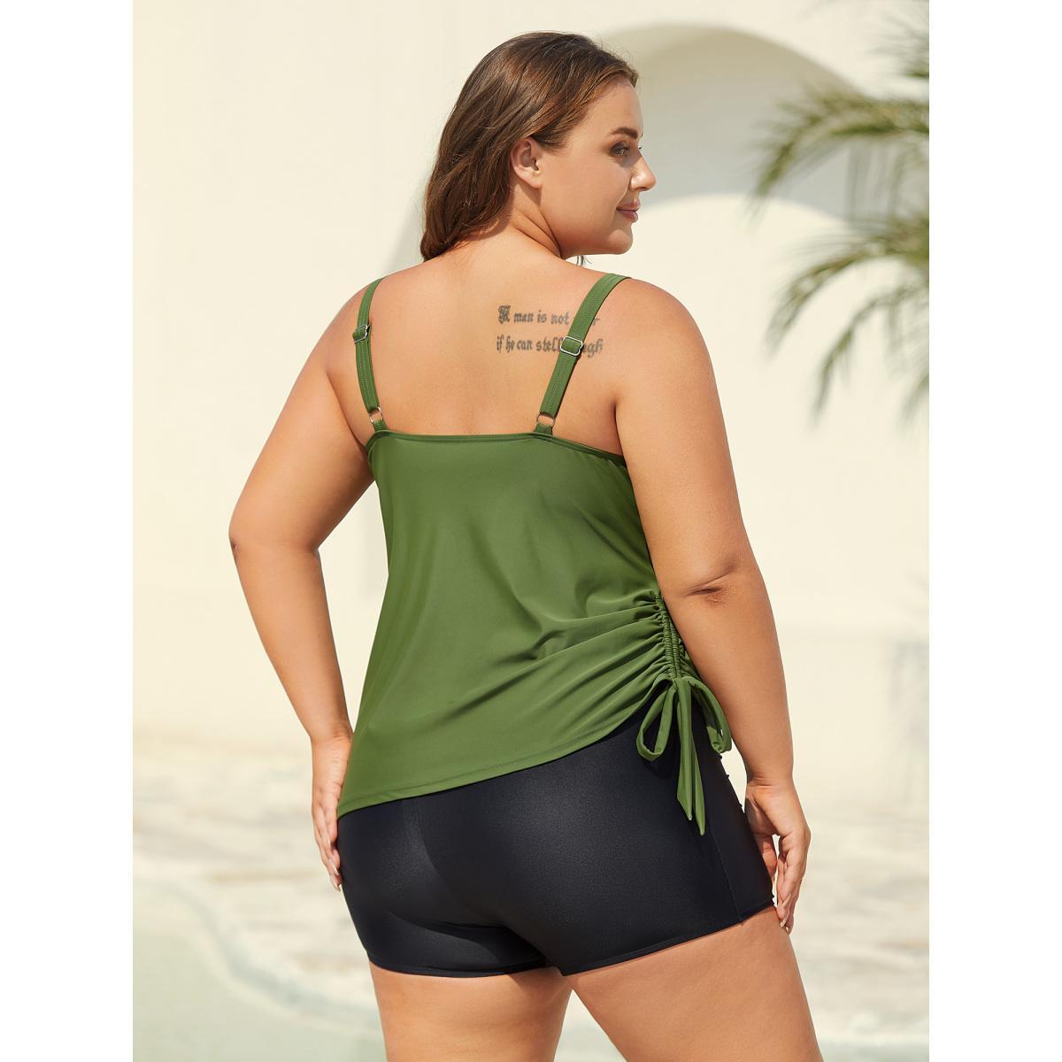 Plus Size Non-Removable Cups Asymmetrical Hem Swim Tankini Women's Swimwear ArmyGreen Beach High stretch Skinny Heart neckline Curve Swim Tops BloomChic 12/L Product Image