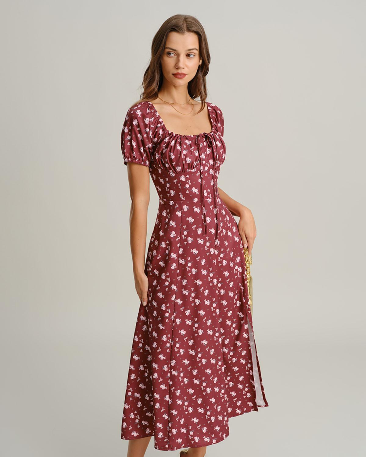 Wine Red Floral Square Neck Puffed Sleeve Midi Dress Product Image