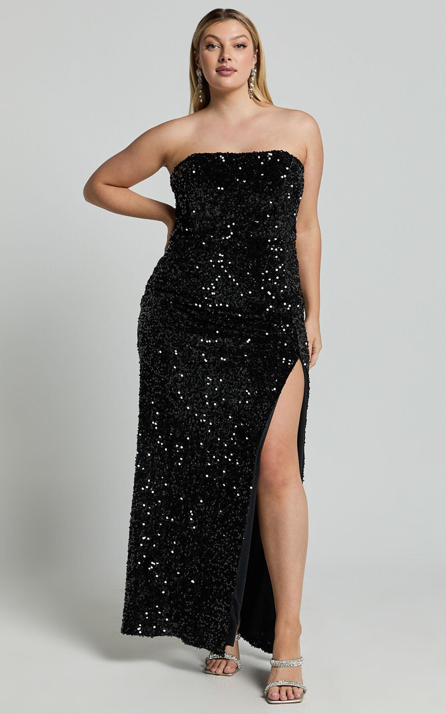 Ava Maxi Dress - Strapless High Split Sequin Dress in Black Product Image