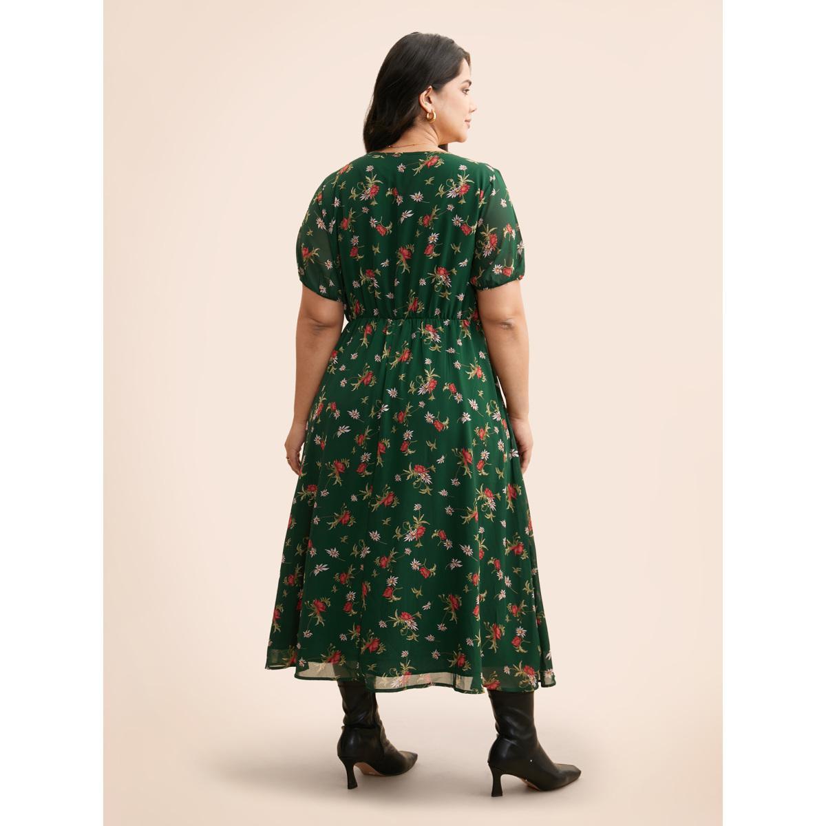 Plus Size Floral Notched Chiffon Mesh Midi Dress DarkGreen Women Timeless See through Notched collar Short sleeve Curvy BloomChic 22-24/3X Product Image