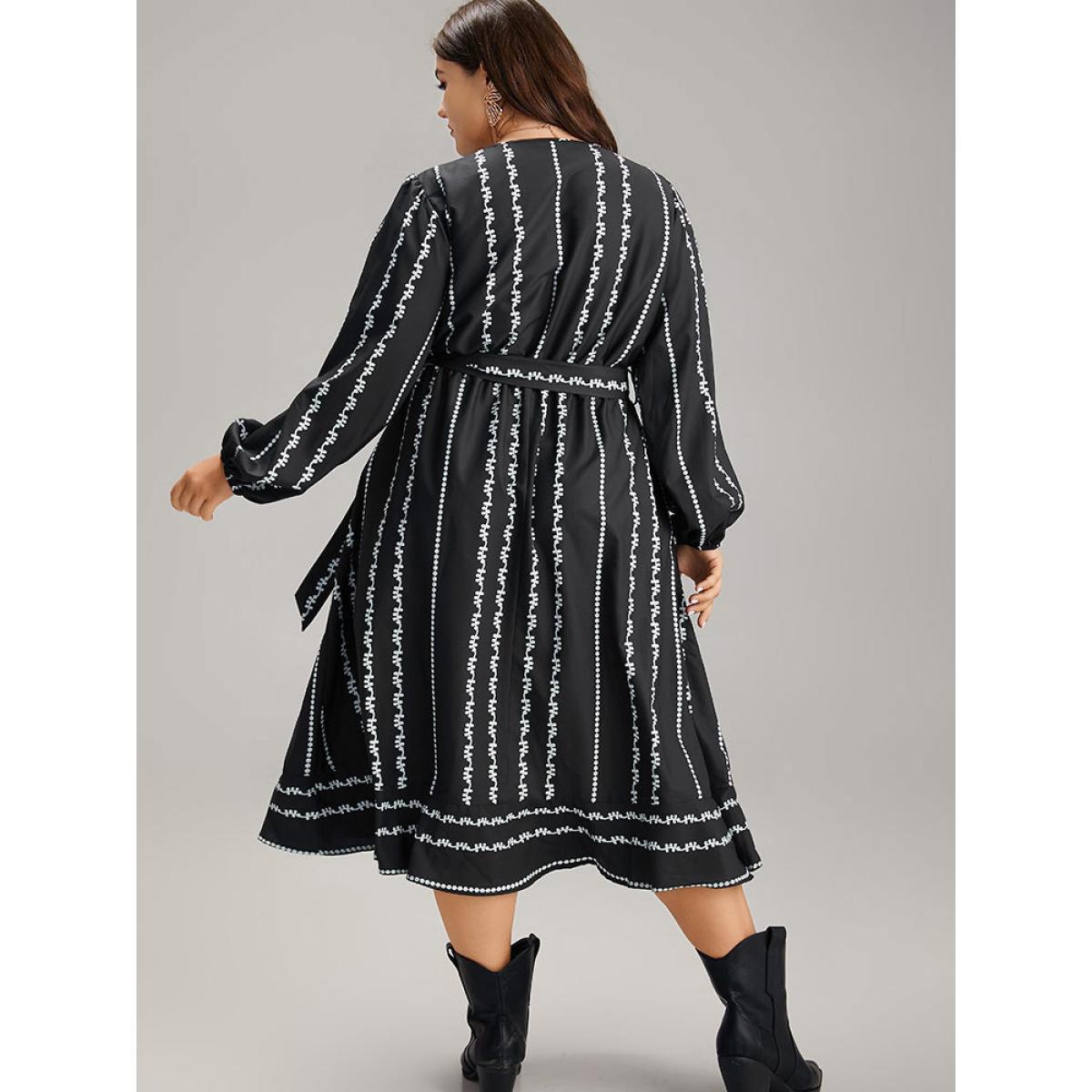 Plus Size Boho Print Striped Belted Wrap Pocket Dress Black Women Vacation Belted V-neck Long Sleeve Curvy Midi Dress BloomChic 26/4X Product Image