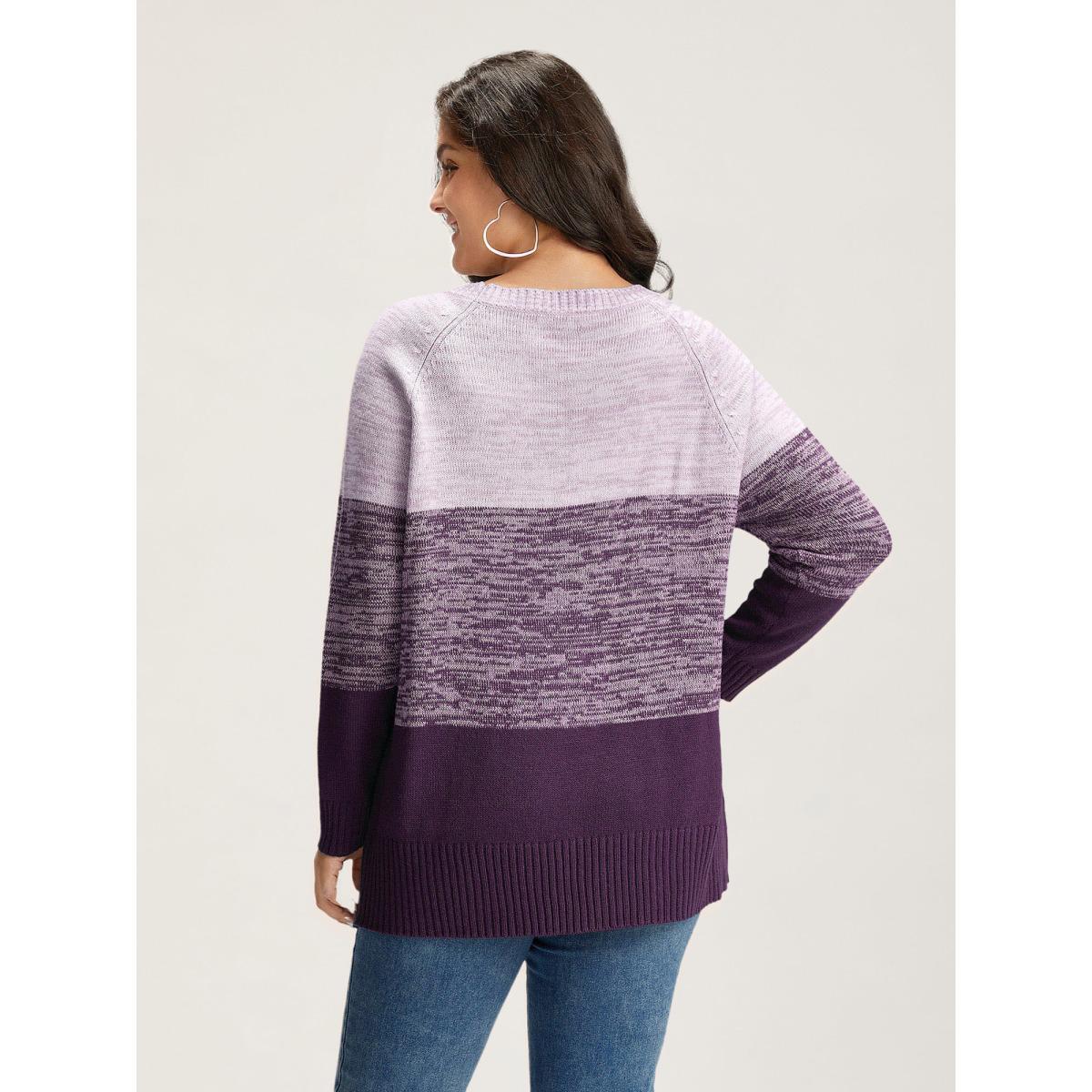 Plus Size Colorblock Contrast Heather Button Detail Pullover Purple Women Casual Long Sleeve Round Neck Everyday Pullovers BloomChic 18-20/2X Product Image