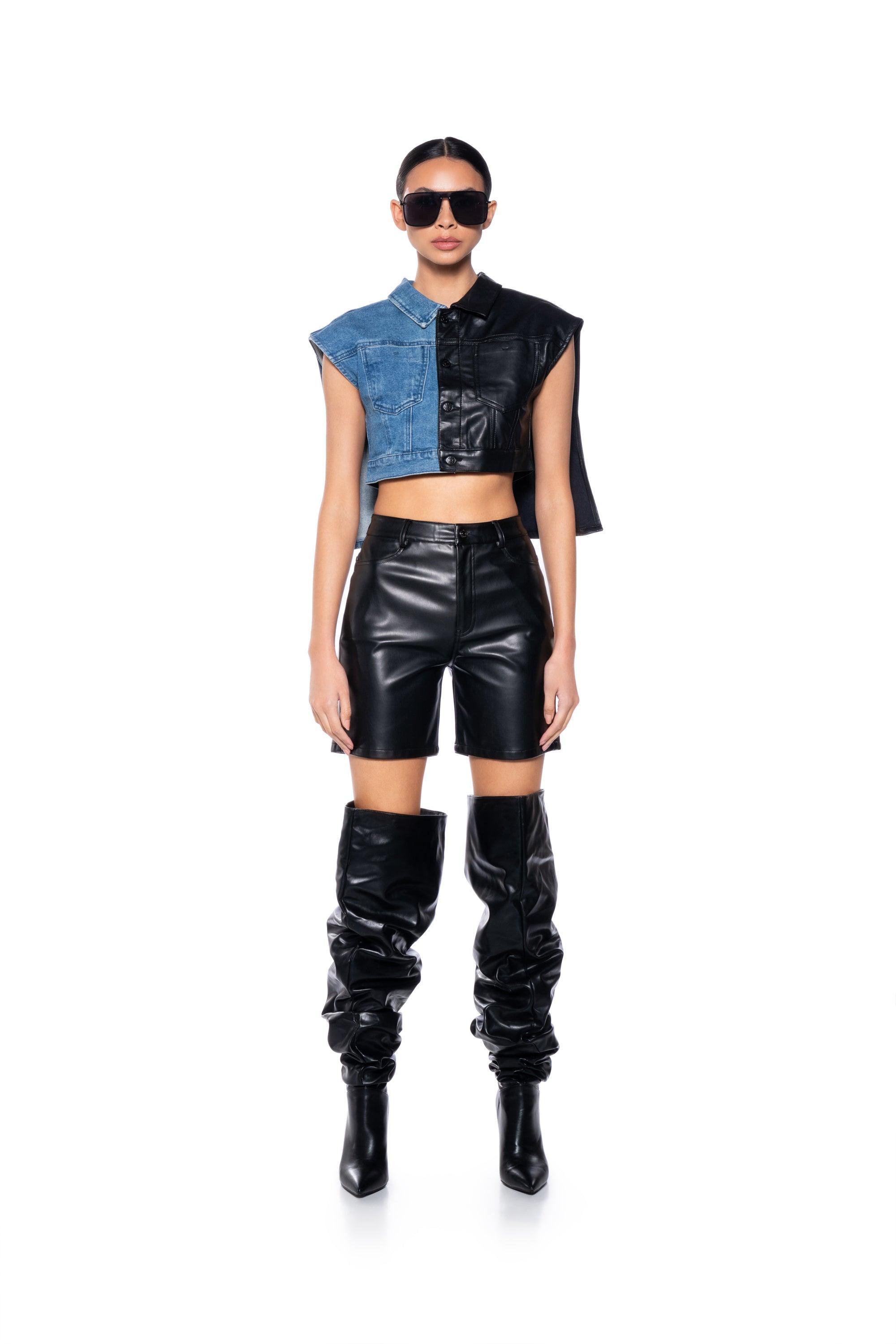 LOW RIDER HALF PU CROP DENIM VEST WITH CAPE Product Image