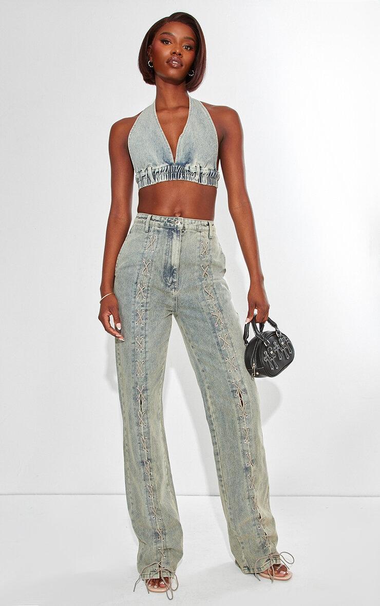 Tall Vintage Wash Denim Halterneck Bralette Top Product Image