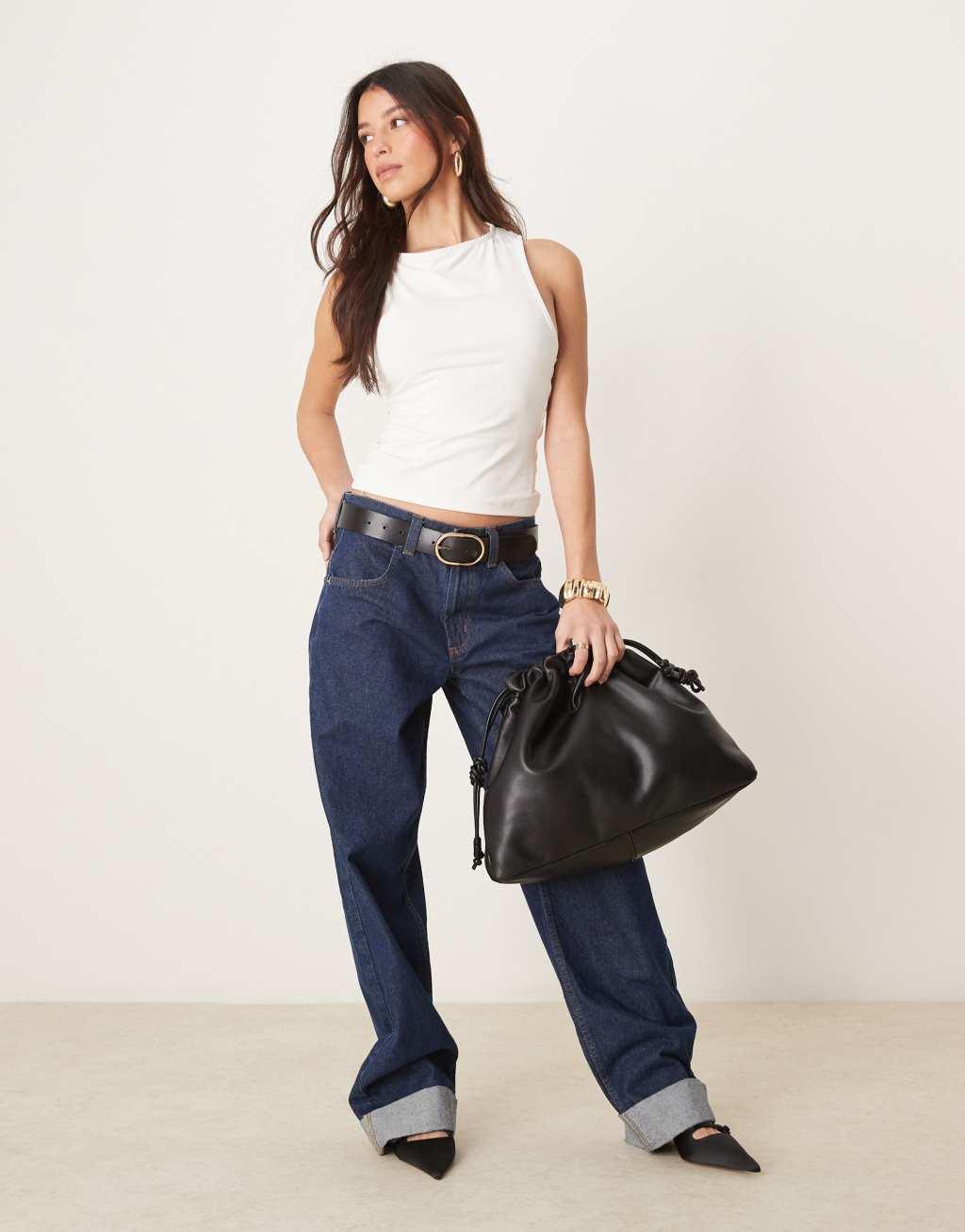 ASOS DESIGN polyamide slash neck top with back drape detail in ivory Product Image