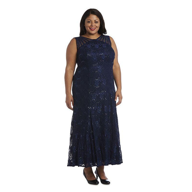 R  M Richards Petite Size Sleeveless Lace Round Neck Fit and Flare Dress Product Image