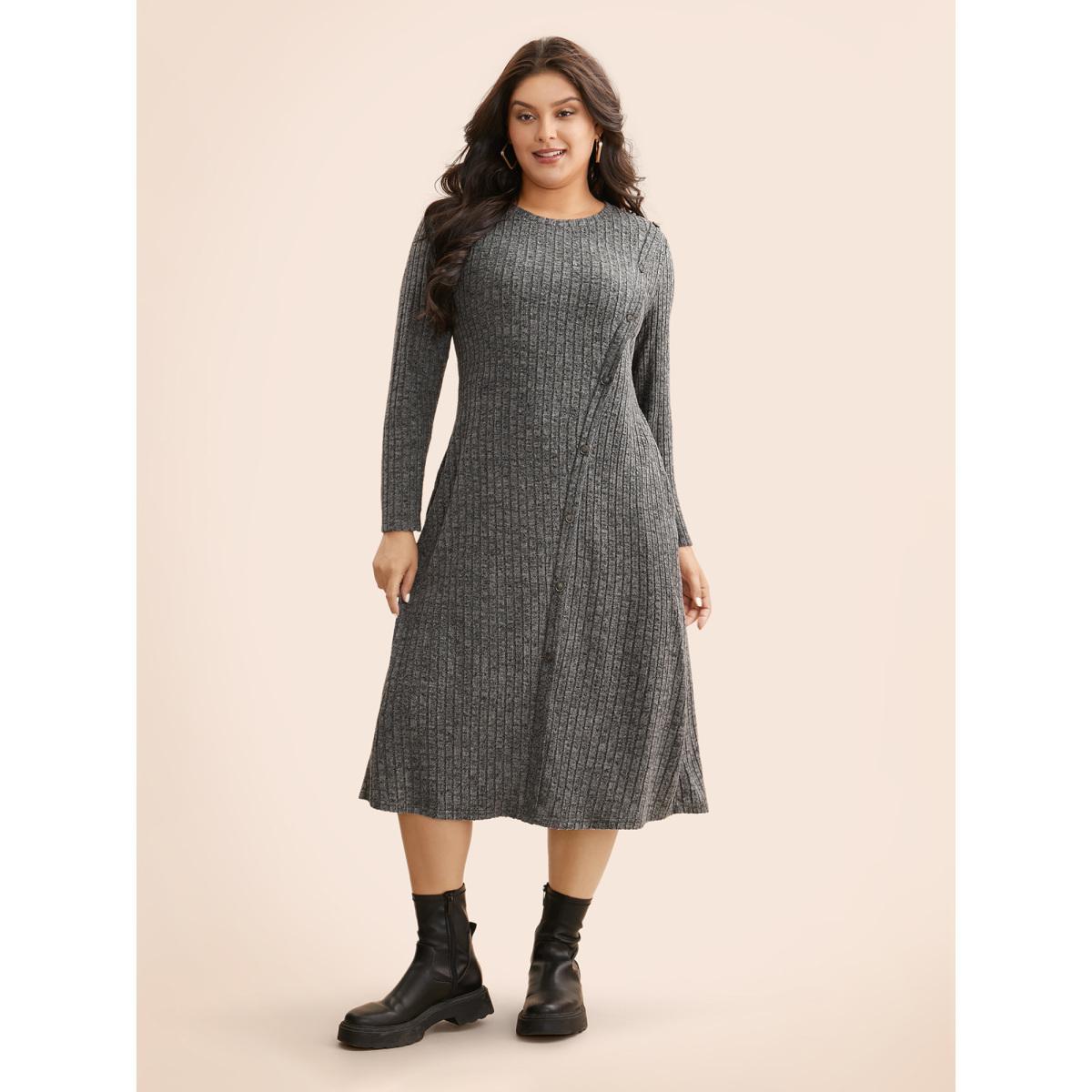 Plus Size Crew Neck Button Detail Slim Fit Dress DimGray Women Casual Texture Round Neck Long Sleeve Curvy BloomChic 30/6X Product Image