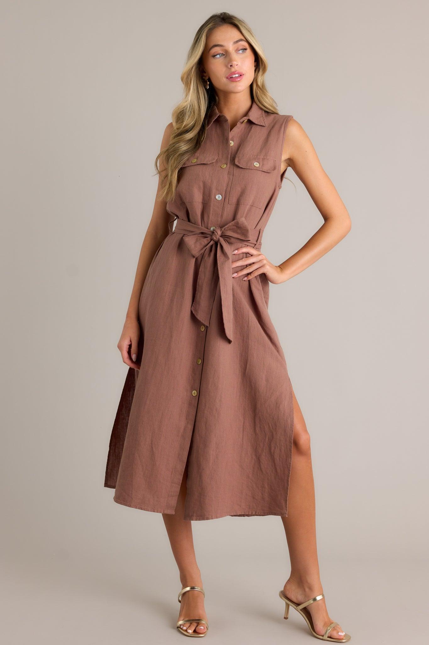 Timeless Grace Brown Tie-Front Midi Dress Product Image