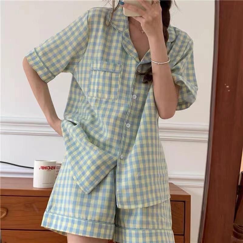 Pajama Set: Striped Short-Sleeve Blouse + Shorts Product Image