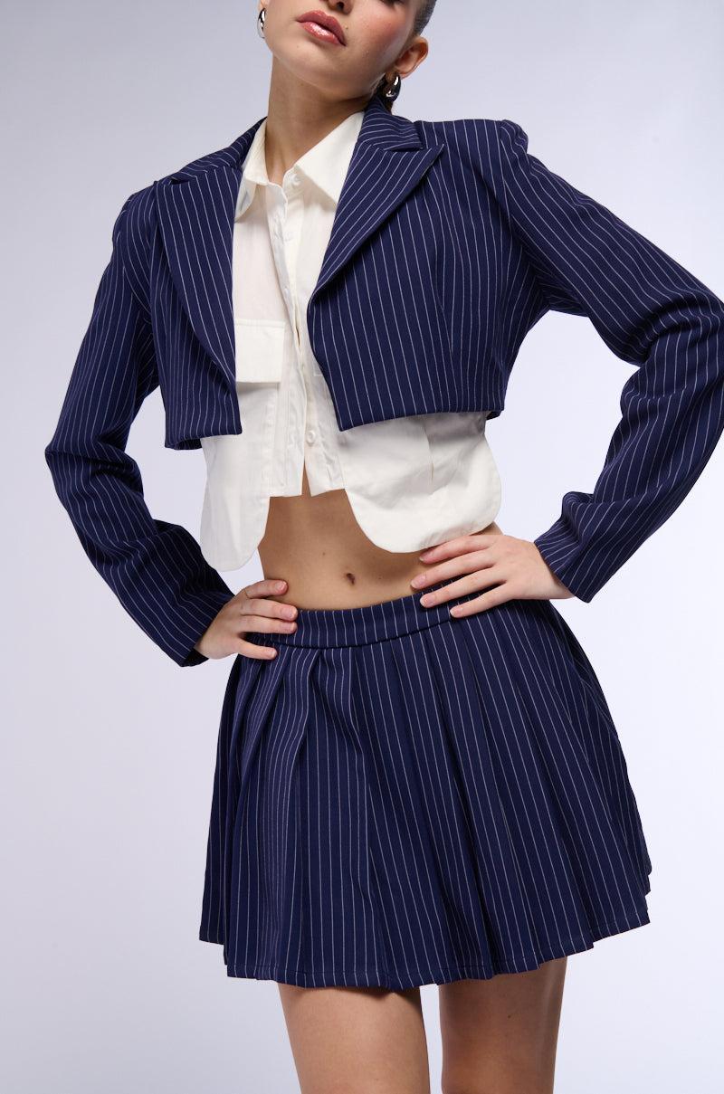 WHATS THE TEA PINSTRIPE CROP BLAZER IN NAVY Product Image