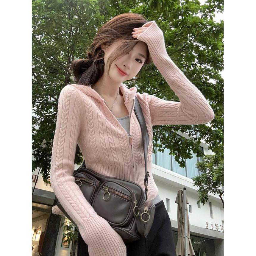 Plain Hood Cable Knit Zip Cardigan Product Image