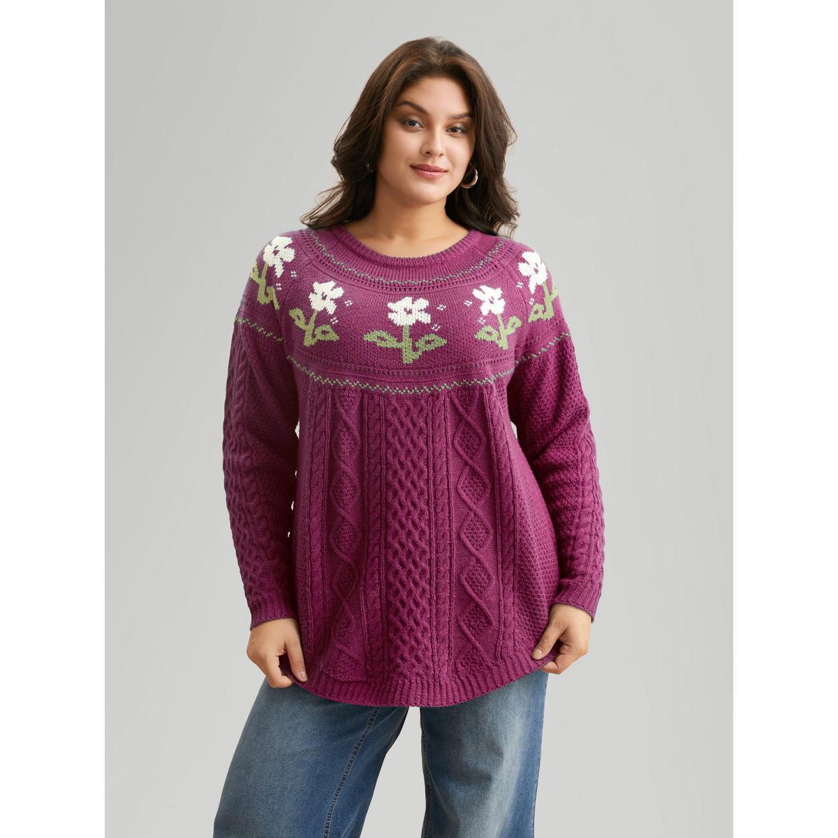 Plus Size Floral Jacquard Raglan Sleeve Pullover RedViolet Women Casual Long Sleeve Round Neck Everyday Pullovers BloomChic 18-20/2X Product Image