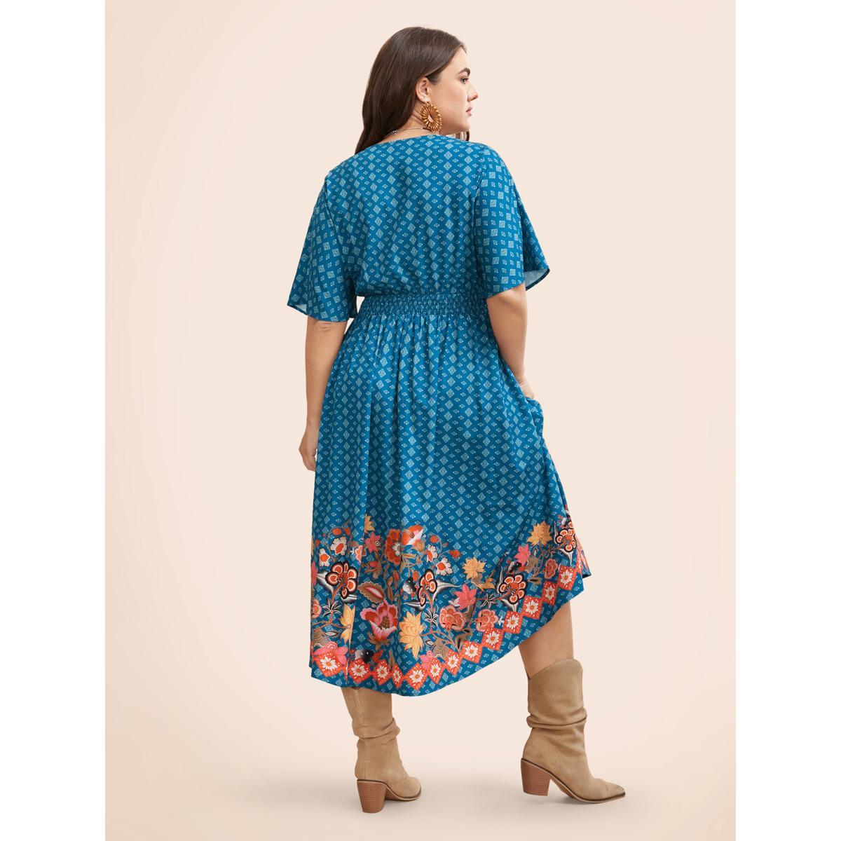 Plus Size Boho Print Shirred Pleated Dolman Sleeve Dress Aegean Women Resort Pleated V-neck Half Sleeve Curvy BloomChic 14-16/1X Product Image