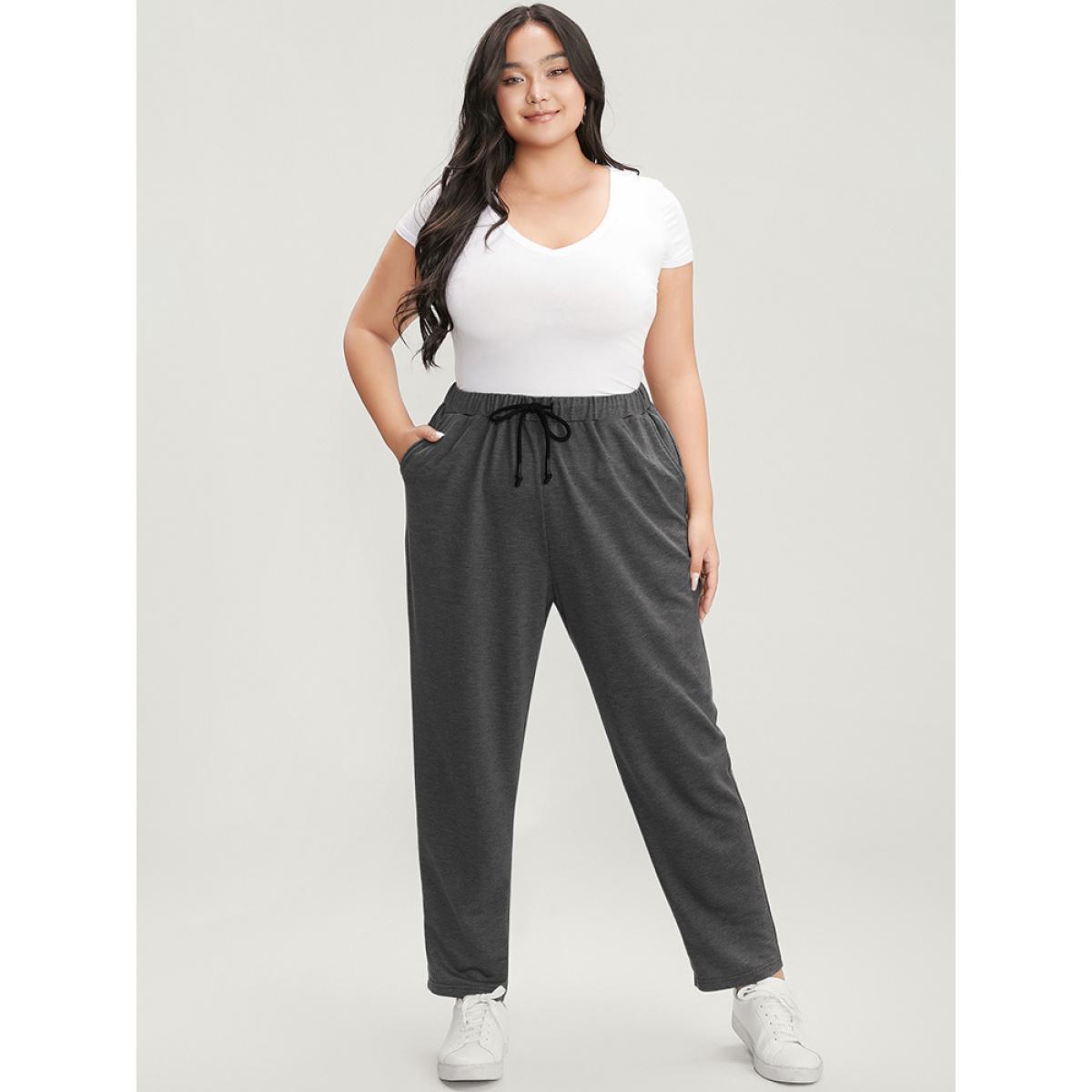 Plus Size Plain Pocket Elastic Waist Ties Front Pants Women Gray Casual Loose High Rise Dailywear Pants BloomChic 12/L Product Image