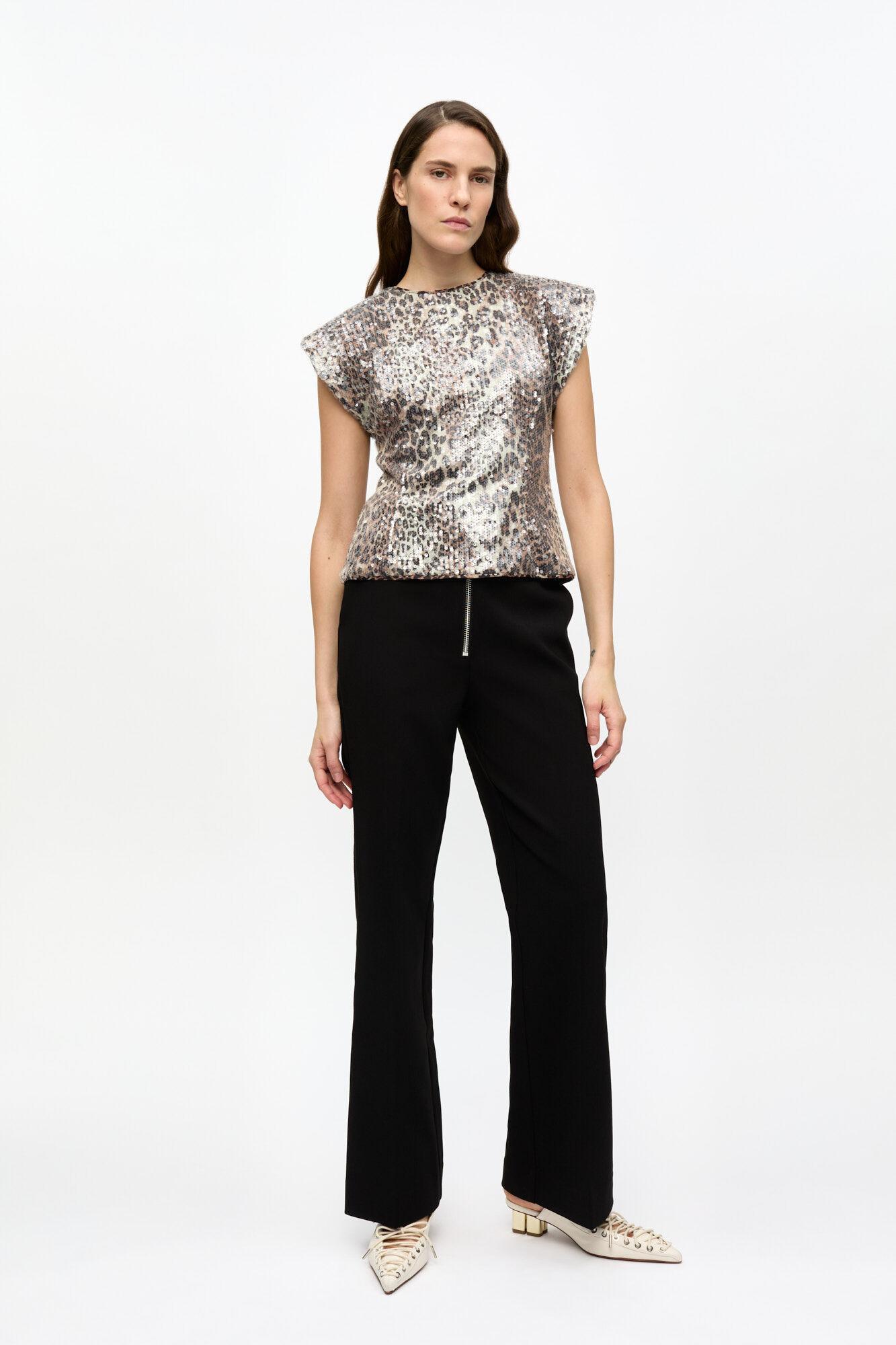 Leopard Printed Stretch Sequins Blouse Product Image