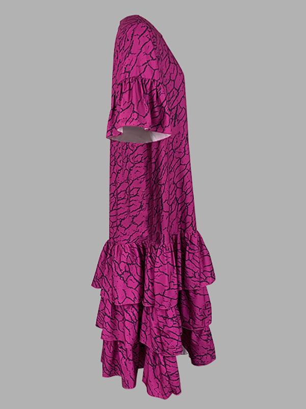 Flared Sleeves Half Sleeves Asymmetric Layered Pleated Printed Ruffle Trim Round-Neck Maxi Dresses Product Image