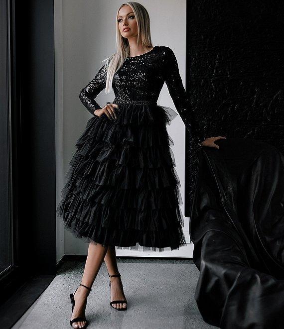 Mac Duggal Tiered Ruffle Crew Neck Long Sleeve Midi Dress Product Image