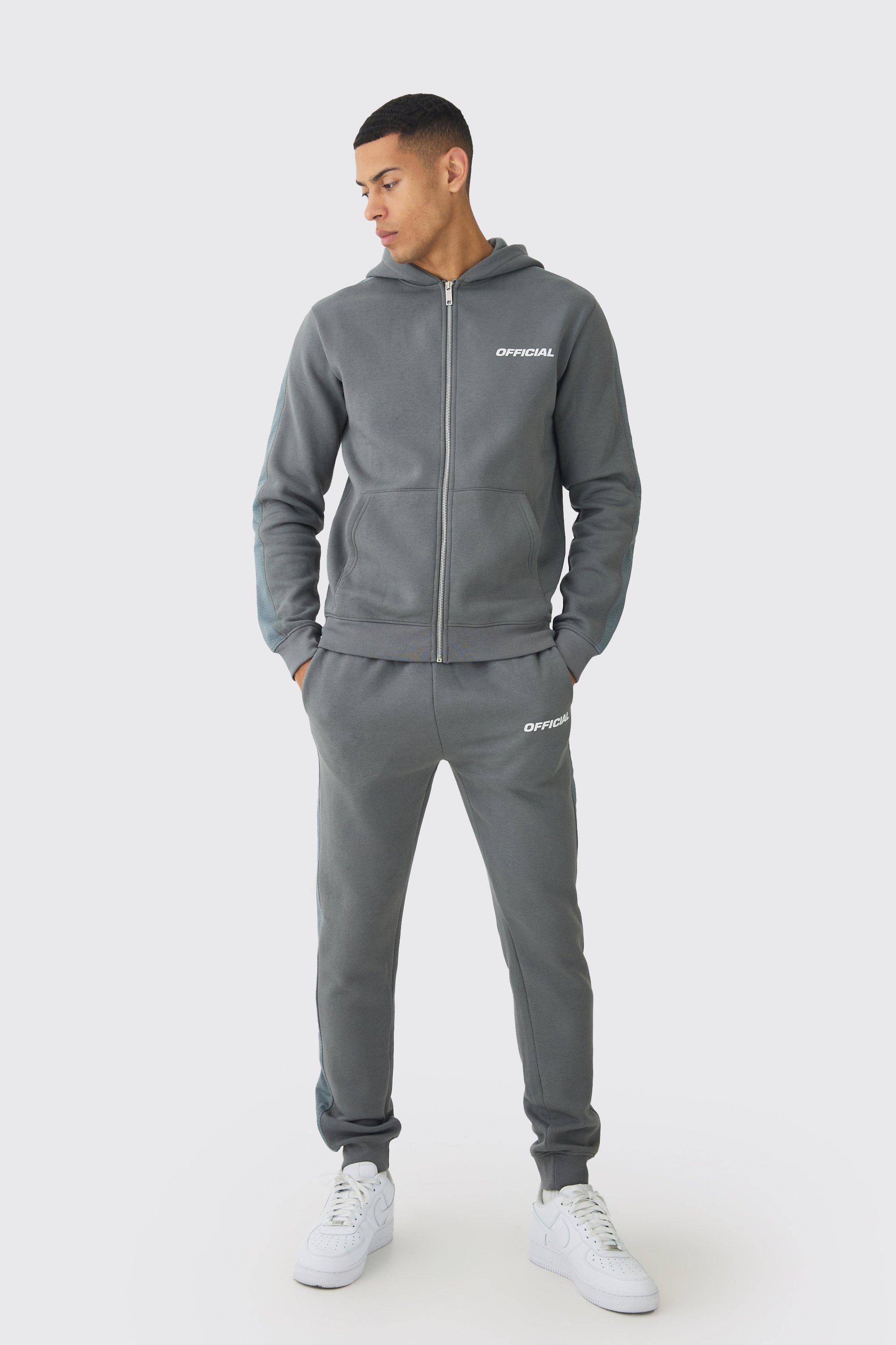 Slim Fit Official Zip Through Mesh Panelled Hooded Tracksuit | boohooMAN USA Product Image