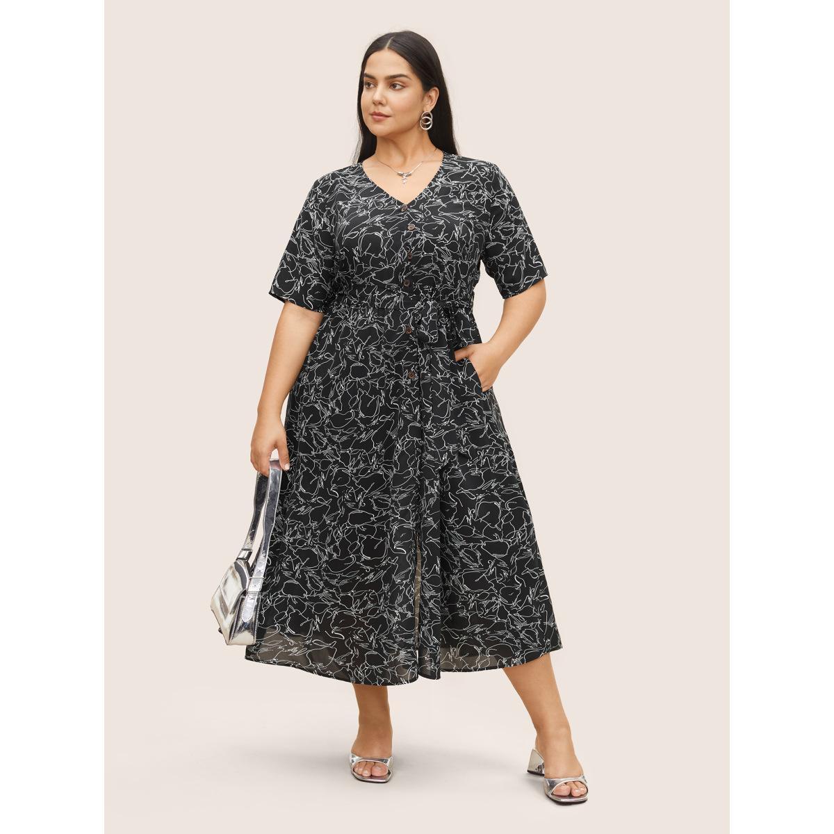 Plus Size Floral Button Through Belted Pocket Dress Black Women At the Office Belted V-neck Short sleeve Curvy Midi Dress BloomChic 30/6X Product Image